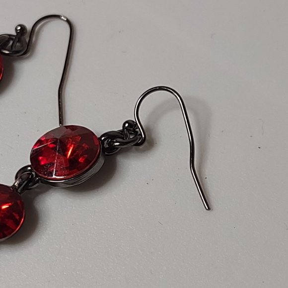 Long Red Glass And Dark Silver Tone Metal Dangle Earrings - Picture 4 of 12